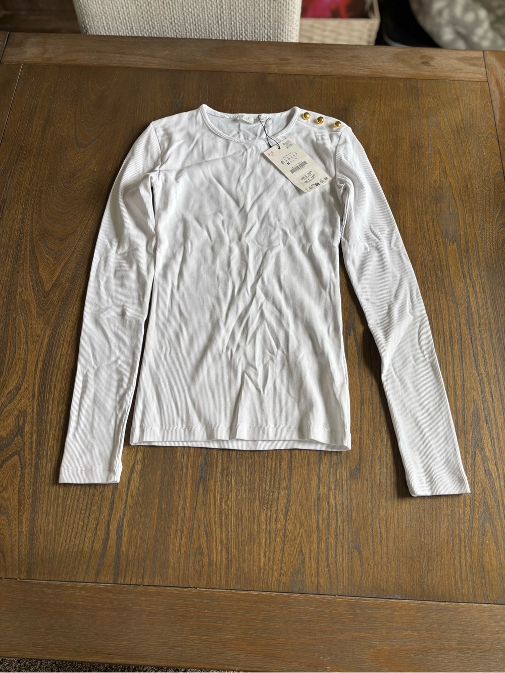 Zara White Long-Sleeve Tee with Gold Shoulder Buttons